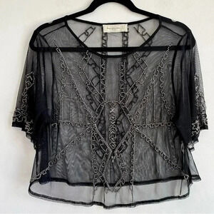 Abercrombie & Fitch Beaded See Through Mesh Short Sleeve Top Black Silver Gray